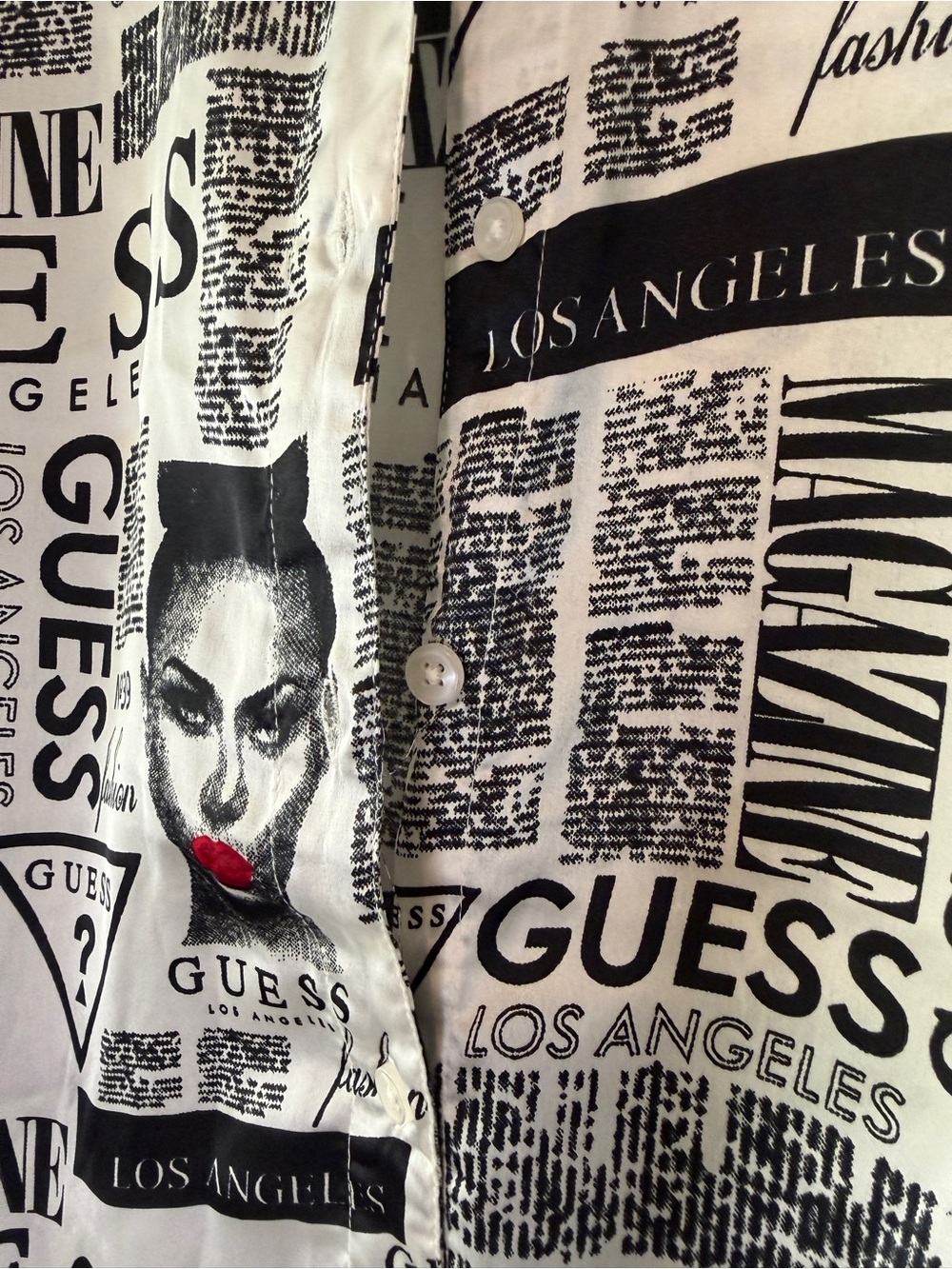 GUESS Women’s Black & White Logo Newspaper Print Button-Up Shirt - Picture 3 of 7